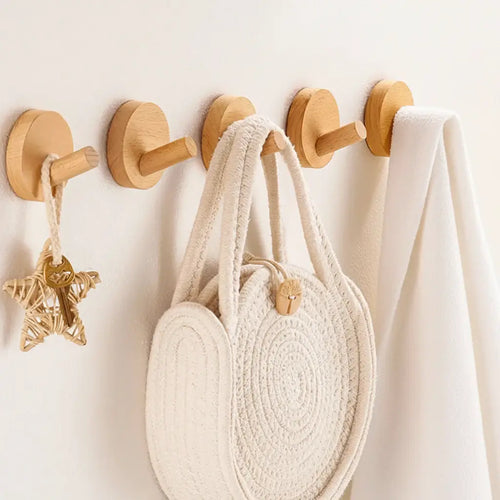 Adhesive Wooden Coat Hooks Wall Hooks 4 Pack, Seamless Hooks